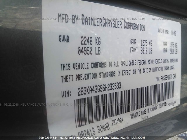 2B3KA43G96H233533 - 2006 DODGE CHARGER SE/SXT GRAY photo 9