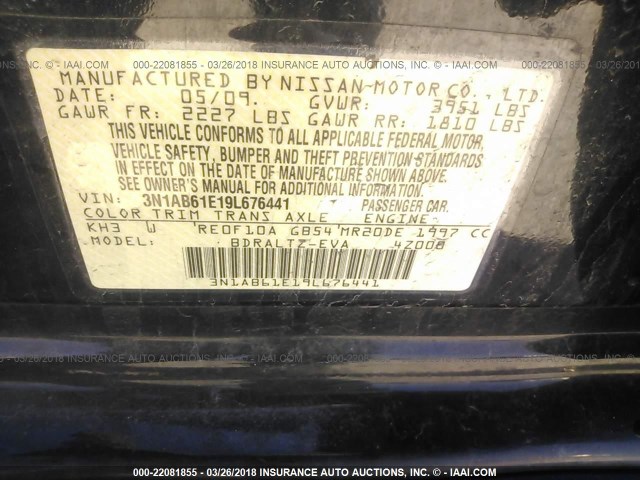 3N1AB61E19L676441 - 2009 NISSAN SENTRA 2.0/2.0S/2.0SL BLACK photo 9