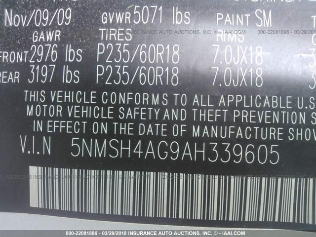 5NMSH4AG9AH339605 - 2010 HYUNDAI SANTA FE SE SILVER photo 9