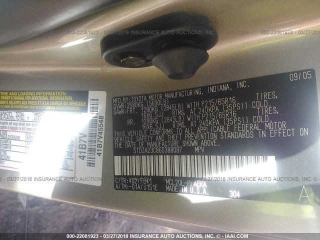 5TDZA23C86S388087 - 2006 TOYOTA SIENNA CE/LE TAN photo 9