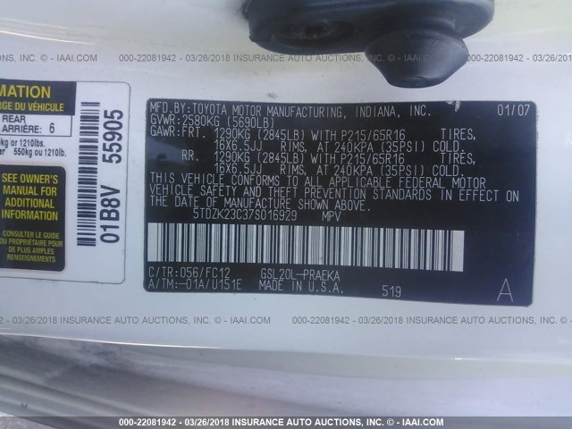 5TDZK23C37S016929 - 2007 TOYOTA SIENNA CE/LE WHITE photo 9