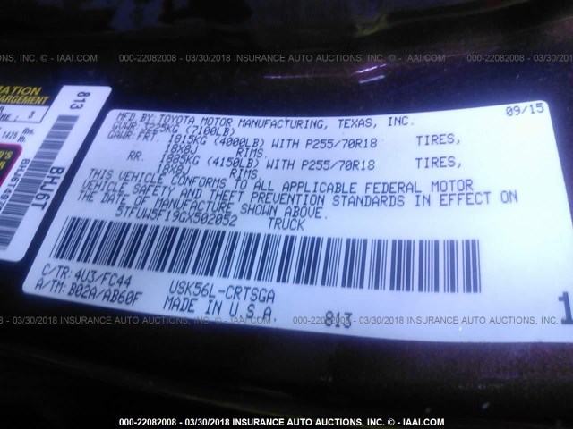 5TFUW5F19GX502052 - 2016 TOYOTA TUNDRA DOUBLE CAB SR/SR5 BROWN photo 9