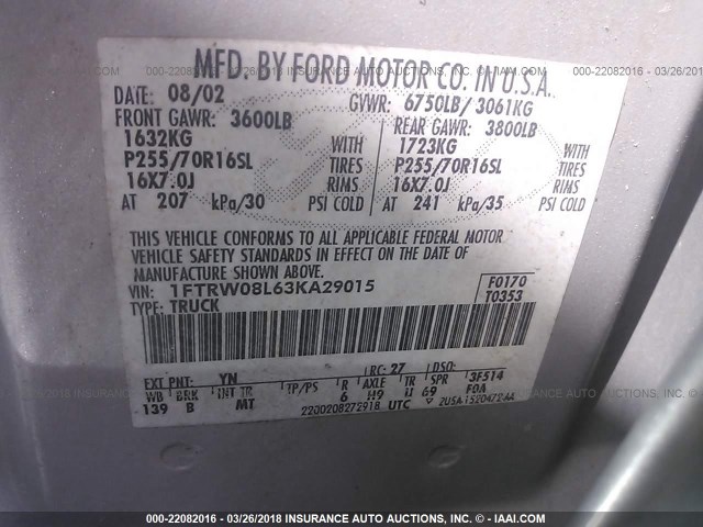 1FTRW08L63KA29015 - 2003 FORD F150 SUPERCREW SILVER photo 9