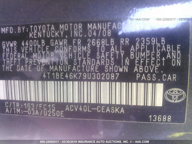 4T1BE46K79U302087 - 2009 TOYOTA CAMRY SE/LE/XLE 灰色 照片 9
