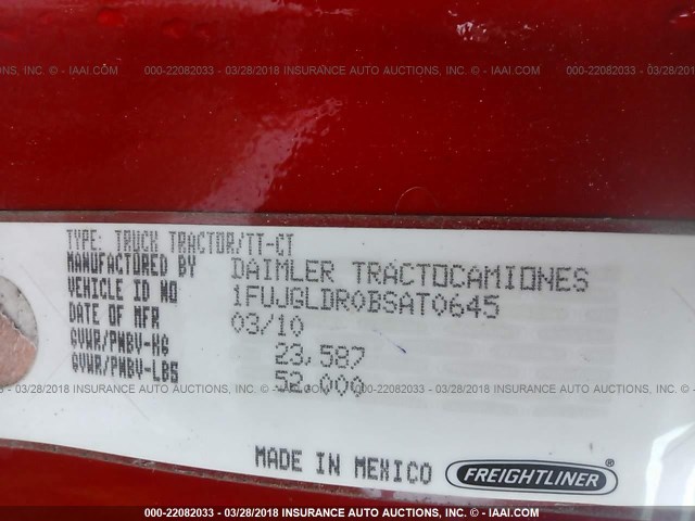 1FUJGLDR0BSAT0645 - 2011 FREIGHTLINER CASCADIA 125  RED photo 10