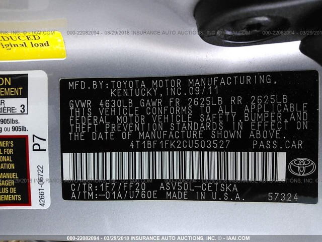 4T1BF1FK2CU503527 - 2012 TOYOTA CAMRY SE/LE/XLE SILVER photo 9