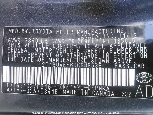 2T1BU4EE6DC989538 - 2013 TOYOTA COROLLA S/LE GRAY photo 9