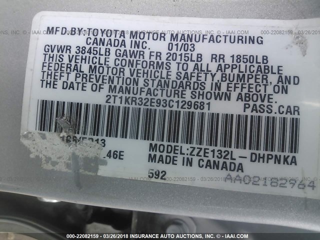 2T1KR32E93C129681 - 2003 TOYOTA COROLLA MATRIX XR SILVER photo 9
