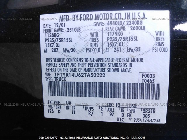 1FTYR14U62TA50222 - 2002 FORD RANGER SUPER CAB BLACK photo 9