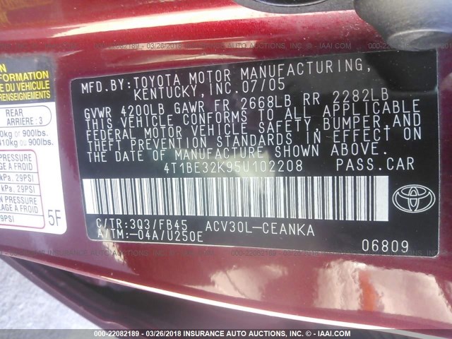 4T1BE32K95U102208 - 2005 TOYOTA CAMRY LE/XLE/SE RED photo 9