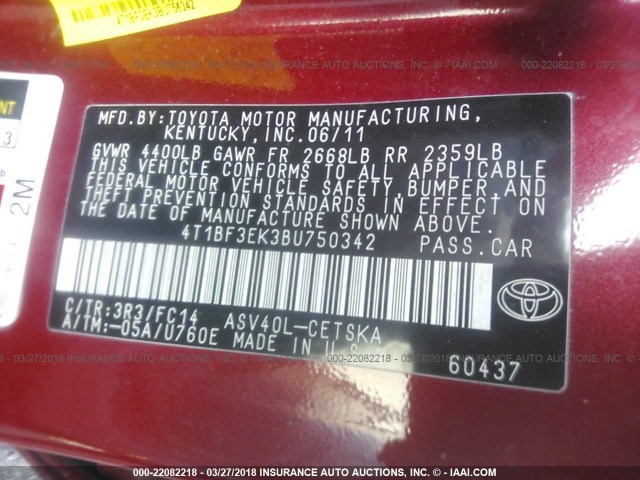 4T1BF3EK3BU750342 - 2011 TOYOTA CAMRY SE/LE/XLE RED photo 9
