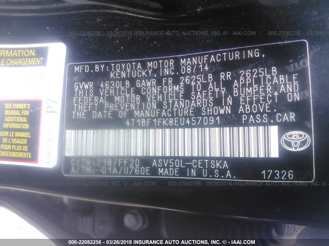 4T1BF1FK8EU457091 - 2014 TOYOTA CAMRY L/SE/LE/XLE 黑色 照片 9