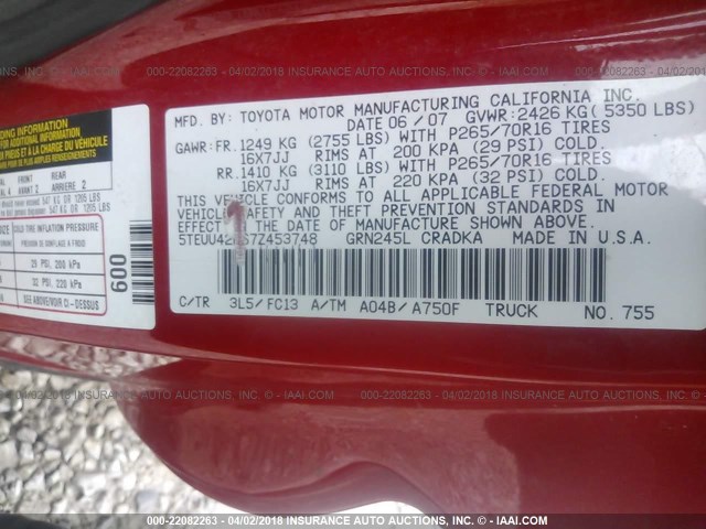 5TEUU42N67Z453748 - 2007 TOYOTA TACOMA ACCESS CAB Rot Foto 9