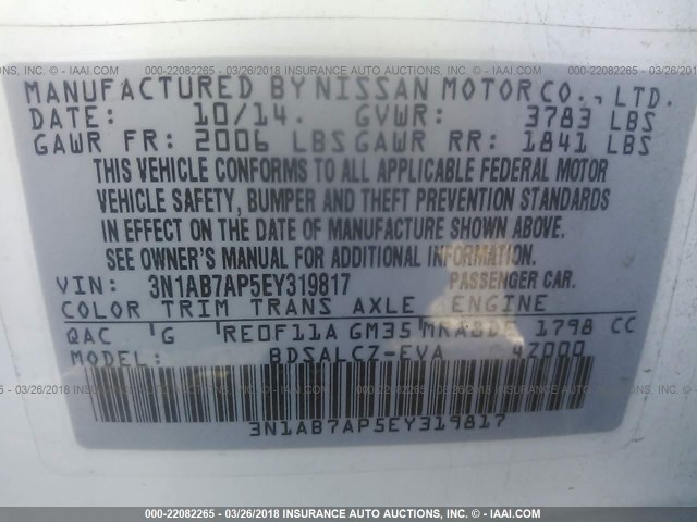 3N1AB7AP5EY319817 - 2014 NISSAN SENTRA S/SV/SR/SL WHITE photo 9