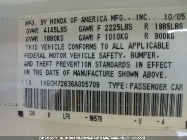 1HGCM72636A005709 - 2006 HONDA ACCORD EX WHITE photo 9