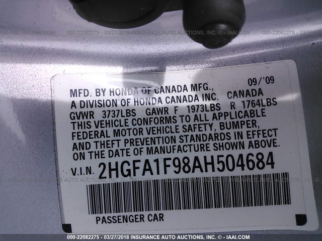 2HGFA1F98AH504684 - 2010 HONDA CIVIC EXL ვერცხლისფერი ფოტო 9