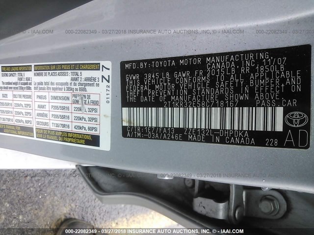 2T1KR32E58C718167 - 2008 TOYOTA COROLLA MATRIX XR SILVER photo 9