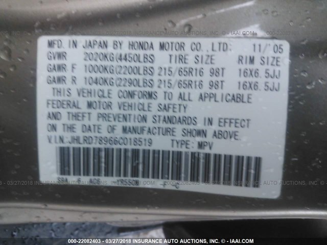 JHLRD78966C018519 - 2006 HONDA CR-V SE/EX GOLD photo 9