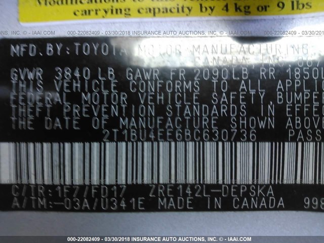 2T1BU4EE6BC630736 - 2011 TOYOTA COROLLA S/LE SILVER photo 9