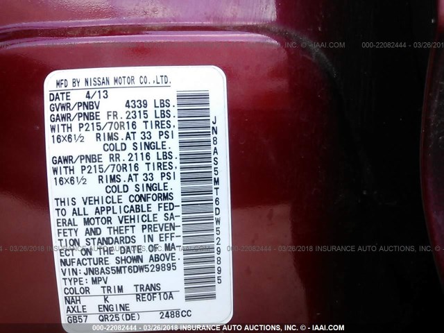 JN8AS5MT6DW529895 - 2013 NISSAN ROGUE S/SV RED photo 9