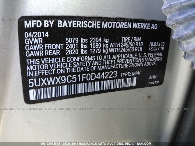 5UXWX9C51F0D44223 - 2015 BMW X3 XDRIVE28I Champagne photo 9