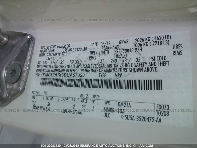 1FMCU0HX3DUA57323 - 2013 FORD ESCAPE SEL WHITE photo 9