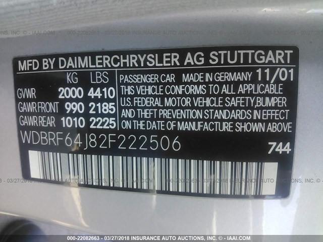 WDBRF64J82F222506 - 2002 MERCEDES-BENZ C 320 SILVER photo 9