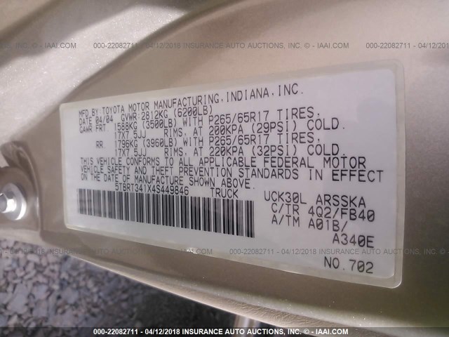 5TBRT341X4S449846 - 2004 TOYOTA TUNDRA ACCESS CAB SR5 GOLD photo 9