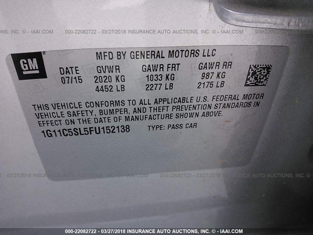 1G11C5SL5FU152138 - 2015 CHEVROLET MALIBU 1LT 银色 照片 9