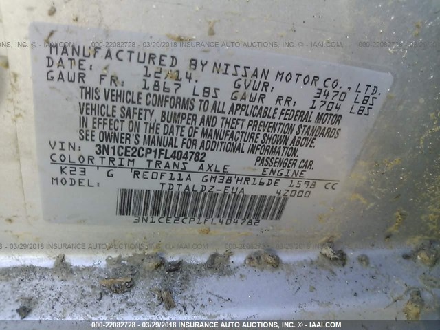 3N1CE2CP1FL404782 - 2015 NISSAN VERSA NOTE S/S PLUS/SV/SL/SR SILVER photo 9