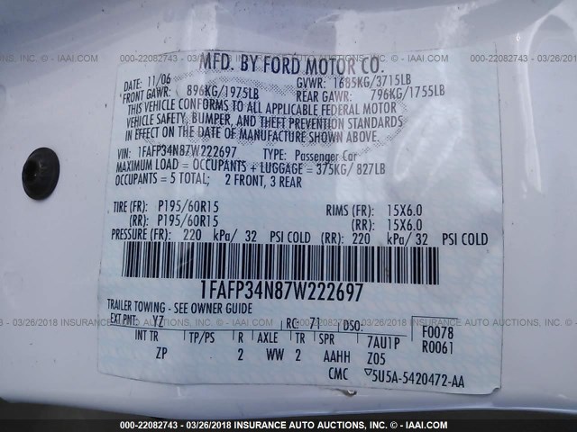 1FAFP34N87W222697 - 2007 FORD FOCUS ZX4/S/SE/SES 白色 照片 9