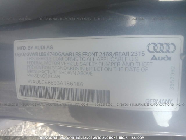 WAULC68E93A186186 - 2003 AUDI A4 1.8T QUATTRO GRAY photo 9