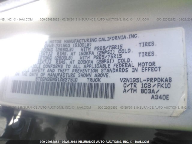 5TEGN92N51Z827510 - 2001 TOYOTA TACOMA DOUBLE CAB PRERUNNER GRAY photo 9
