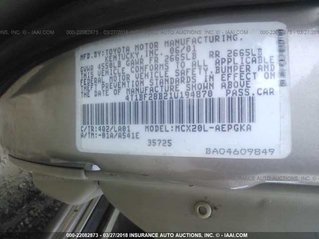 4T1BF28B21U194870 - 2001 TOYOTA AVALON XL/XLS GOLD photo 9