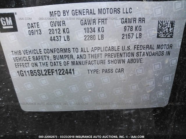 1G11B5SL2EF122441 - 2014 CHEVROLET MALIBU LS 黑色 照片 9