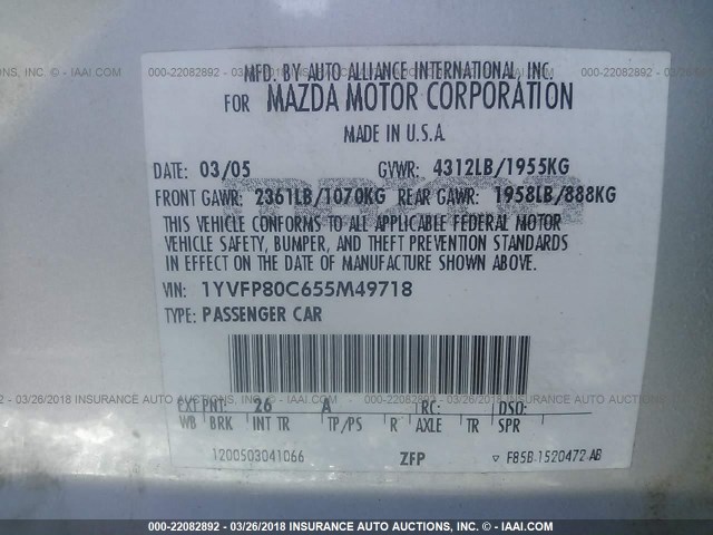 1YVFP80C655M49718 - 2005 MAZDA 6 I SILVER photo 9