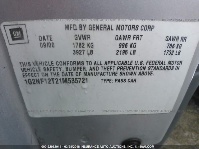 1G2NF12T21M535721 - 2001 PONTIAC GRAND AM SE1 SILVER photo 9