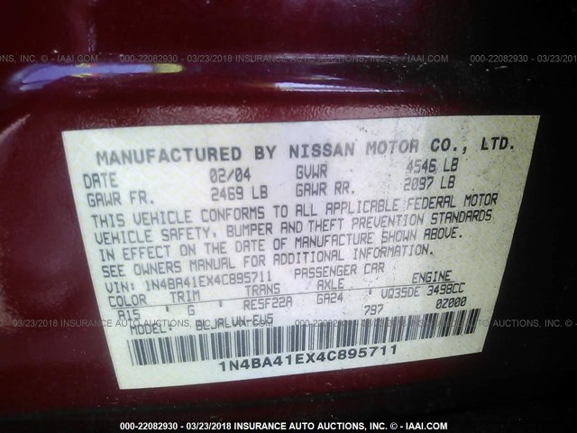 1N4BA41EX4C895711 - 2004 NISSAN MAXIMA SE/SL BURGUNDY photo 9