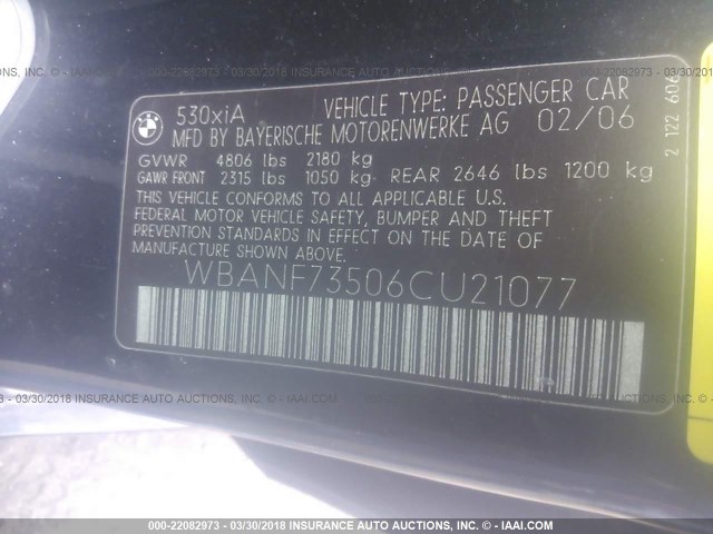 WBANF73506CU21077 - 2006 BMW 530 XI BLACK photo 9