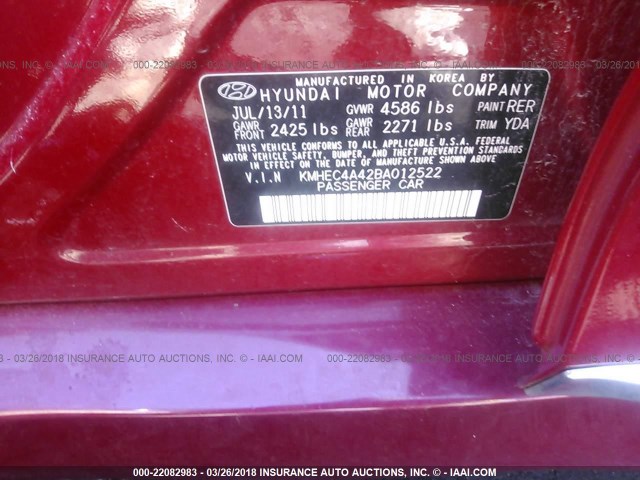 KMHEC4A42BA012522 - 2011 HYUNDAI SONATA HYBRID RED photo 9