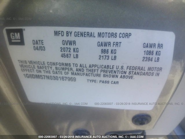 1G6DM57N030167969 - 2003 CADILLAC CTS GOLD photo 9