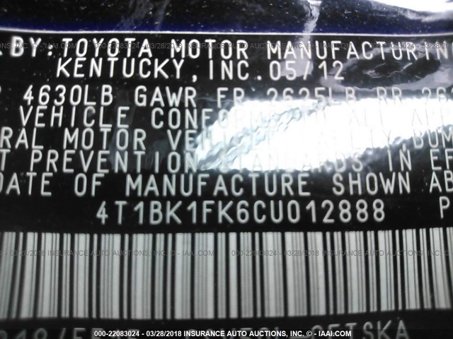 4T1BK1FK6CU012888 - 2012 TOYOTA CAMRY SE/XLE BLACK photo 9