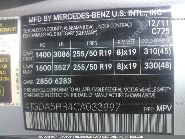 4JGDA5HB4CA033997 - 2012 MERCEDES-BENZ ML 350 4MATIC SILVER photo 9