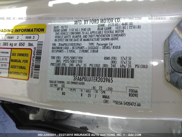 3FA6P0LU1ER203965 - 2014 FORD FUSION SE HYBRID WHITE photo 9