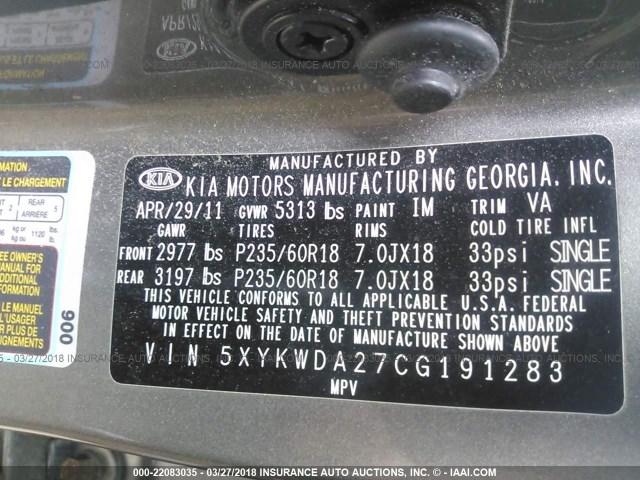 5XYKWDA27CG191283 - 2012 KIA SORENTO SX GRAY photo 9