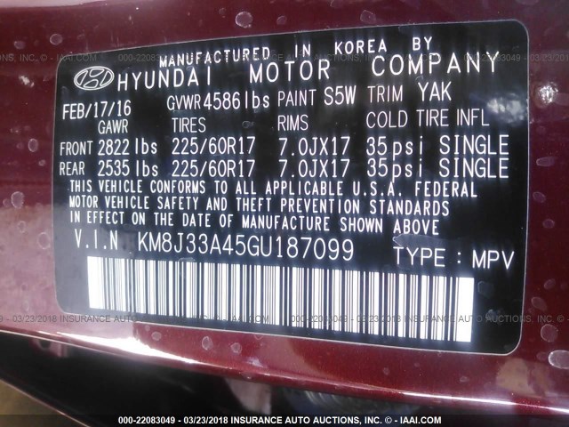 KM8J33A45GU187099 - 2016 HYUNDAI TUCSON LIMITED/SPORT AND ECO/SE MAROON photo 9