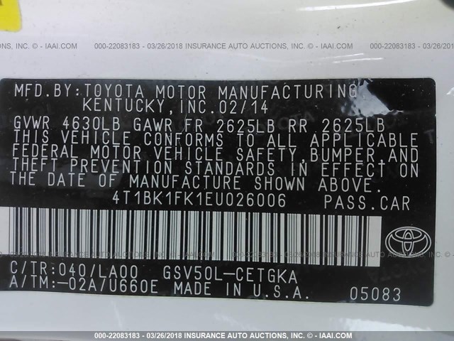 4T1BK1FK1EU026006 - 2014 TOYOTA CAMRY SE/XLE WHITE photo 9