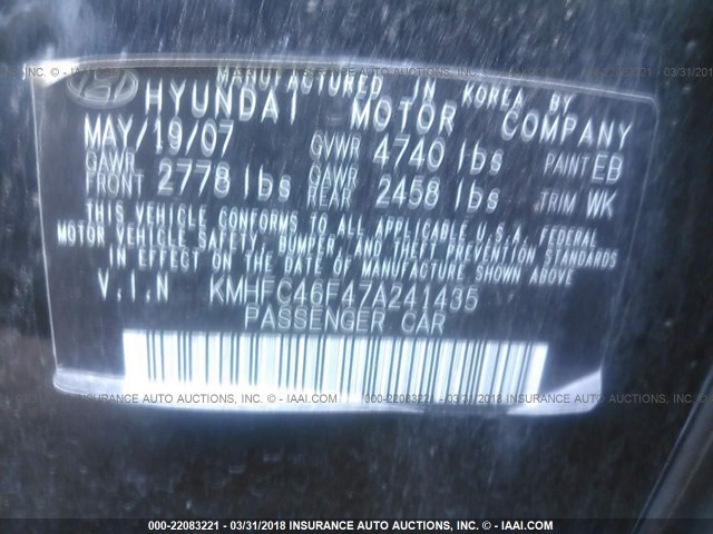 KMHFC46F47A241435 - 2007 HYUNDAI AZERA SE/LIMITED BLACK photo 9