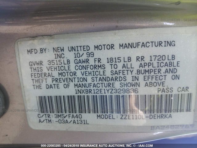 1NXBR12E1YZ329836 - 2000 TOYOTA COROLLA VE/CE/LE 棕色 照片 9