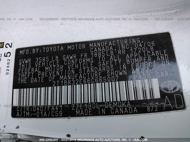 2T1BR32E66C665007 - 2006 TOYOTA COROLLA CE/LE/S WHITE photo 9